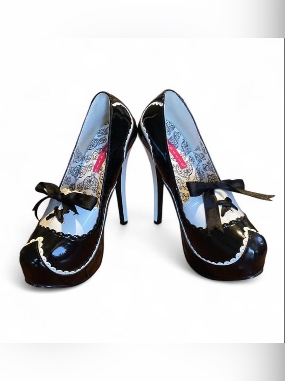 Bordello Black and White Patent High Heel with Bow